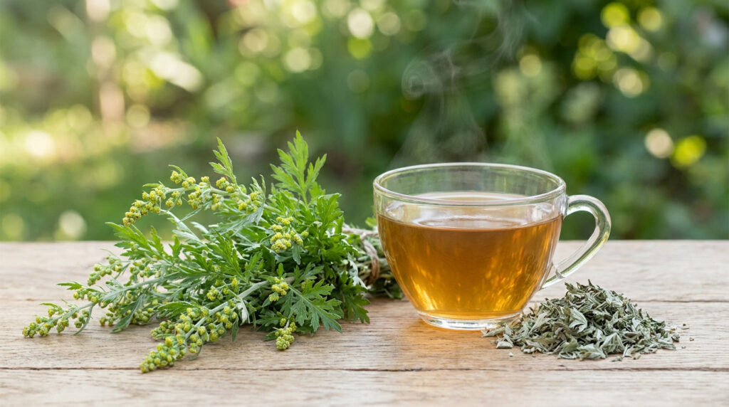 Une tasse de thé fumante à côté d'un bouquet d'Artemisia annua frais et d'un tas de feuilles séchées sur une table en bois.