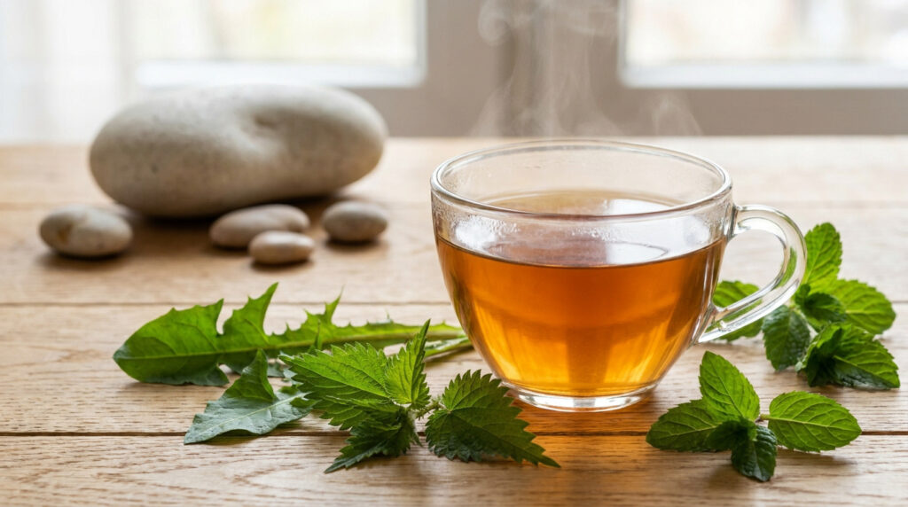 Une tasse de tisane fumante accompagnée de feuilles d'ortie, de pissenlit et de galets sur une table en bois.