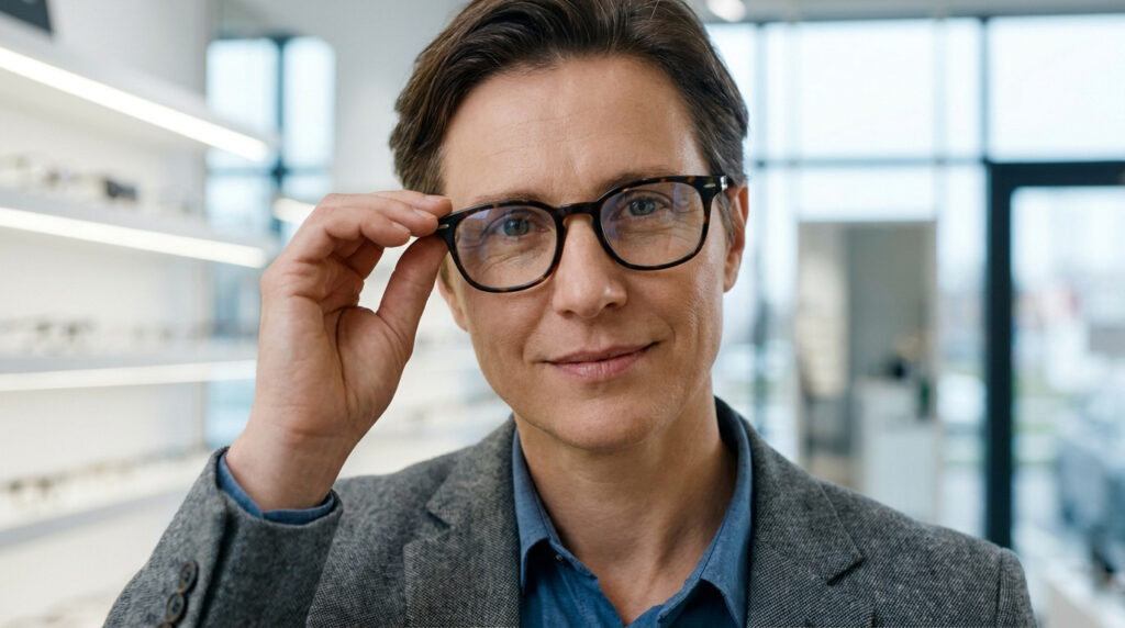 Un homme souriant portant une nouvelle paire de lunettes progressives dans un magasin d'optique.